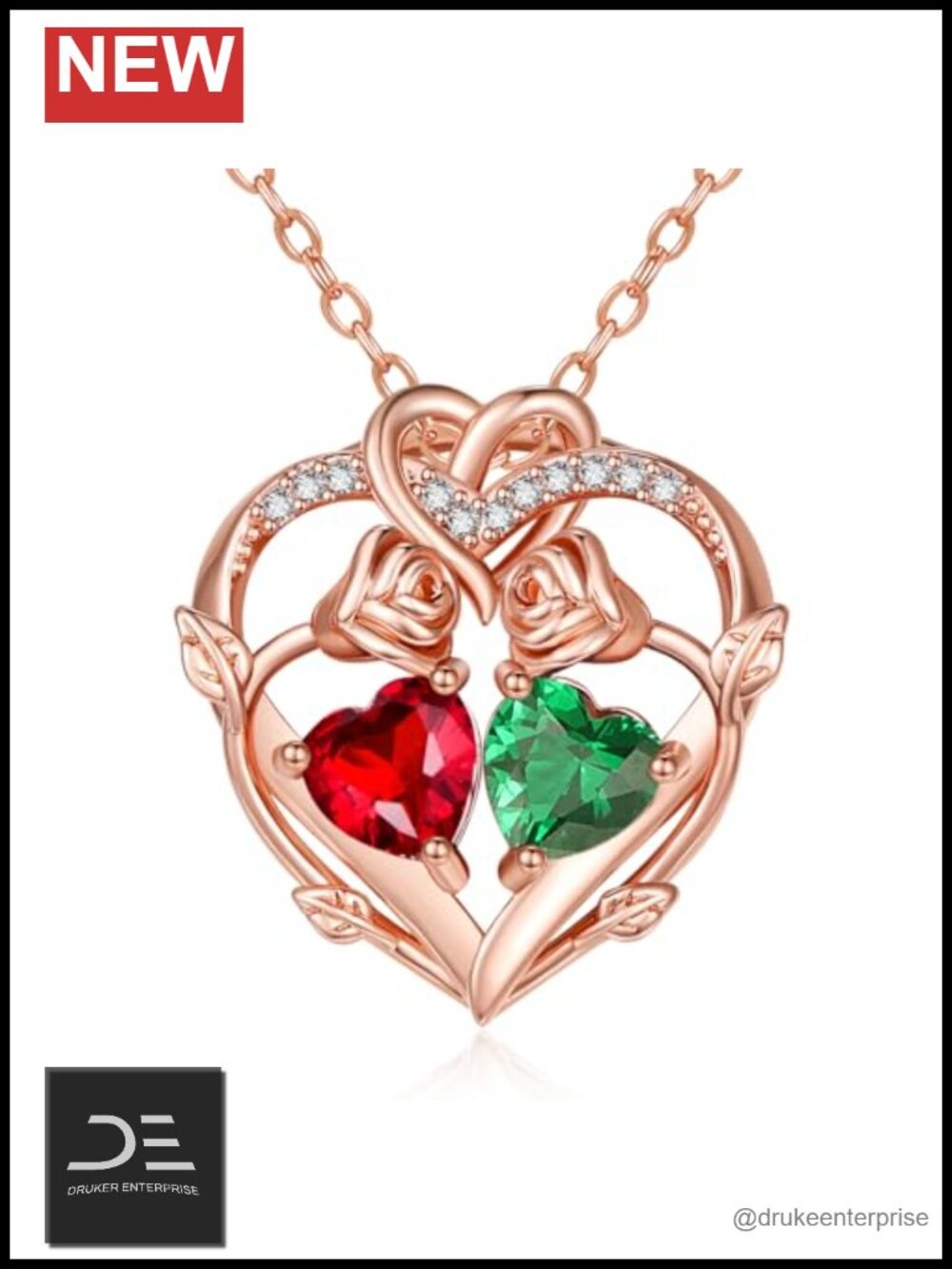 Rose Gold Plated Double Heart Birthstone Pendant Necklace